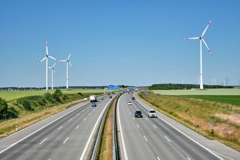 German motorway with wind turbines