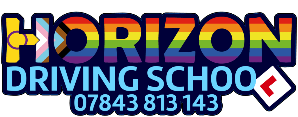 "Logo of Horizon Driving School featuring the text 'Horizon' in bold, rainbow-colored letters with an inclusive pride flag design on the letter 'H'. Below, the text 'Driving School' and a phone number '07843 813 143' are displayed in light blue against a dark background."