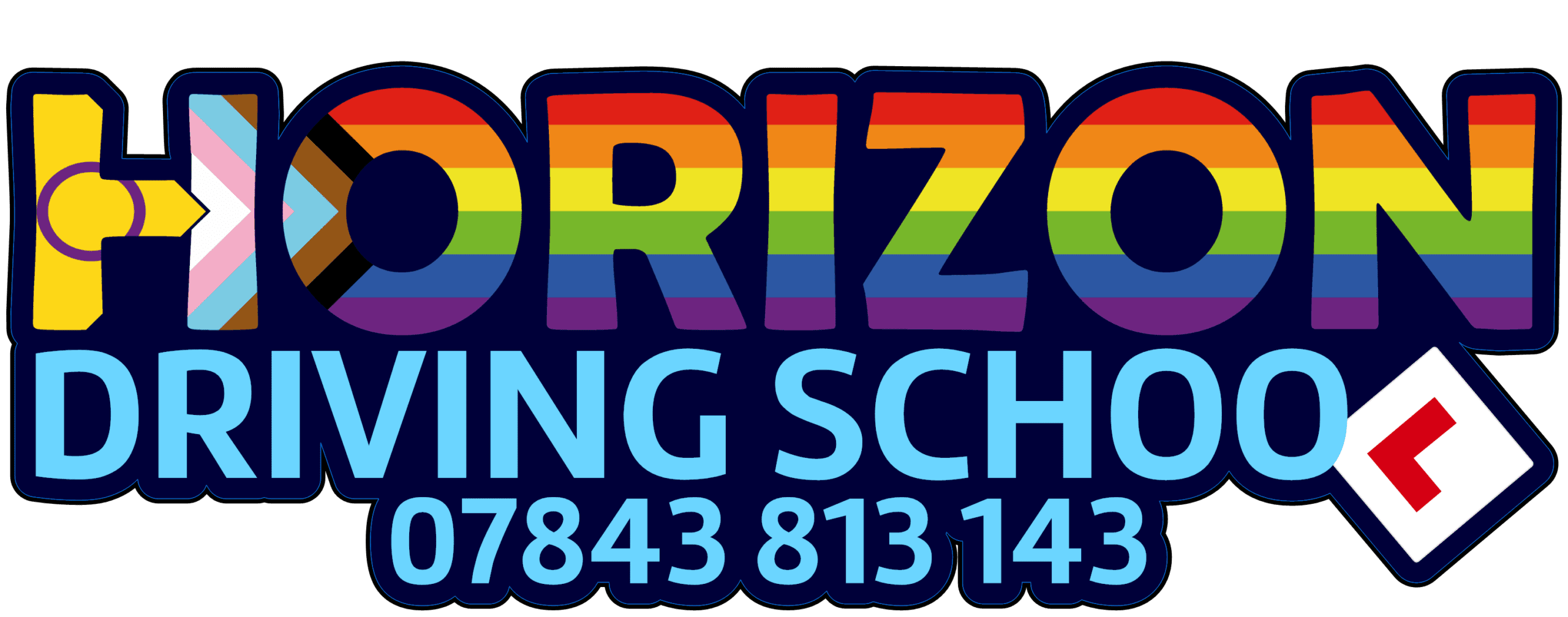 "Logo of Horizon Driving School featuring the text 'Horizon' in bold, rainbow-colored letters with an inclusive pride flag design on the letter 'H'. Below, the text 'Driving School' and a phone number '07843 813 143' are displayed in light blue against a dark background."