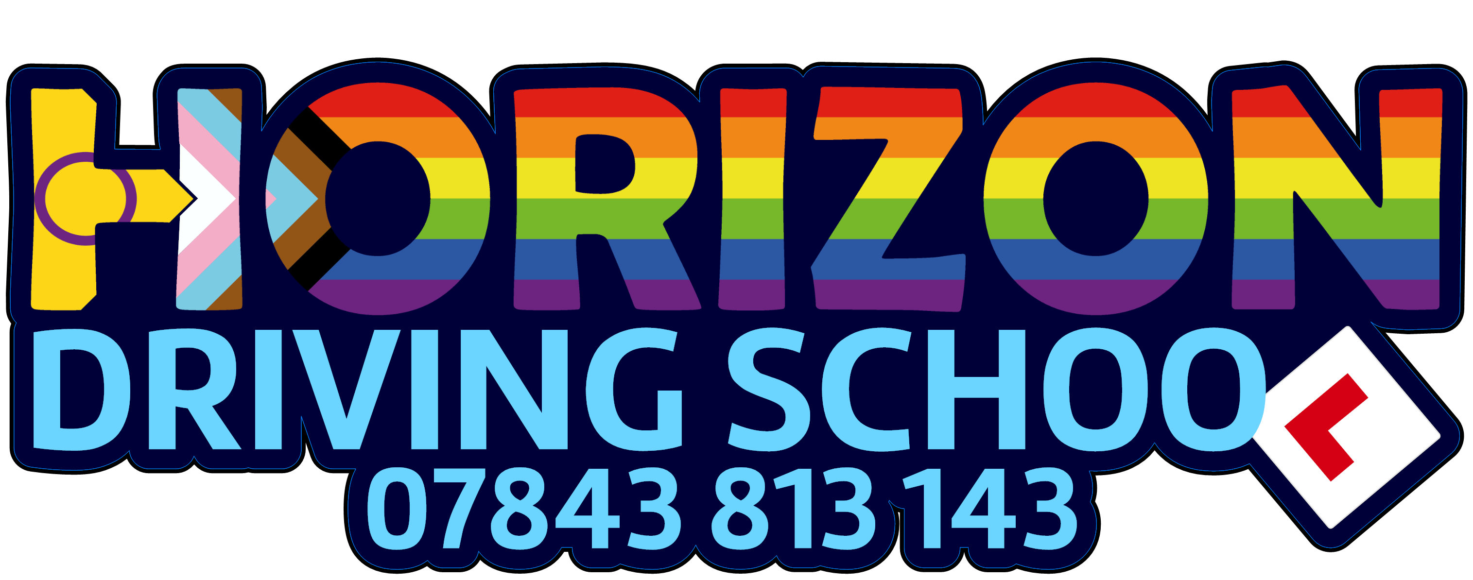 "Logo of Horizon Driving School featuring the text 'Horizon' in bold, rainbow-colored letters with an inclusive pride flag design on the letter 'H'. Below, the text 'Driving School' and a phone number '07843 813 143' are displayed in light blue against a dark background."