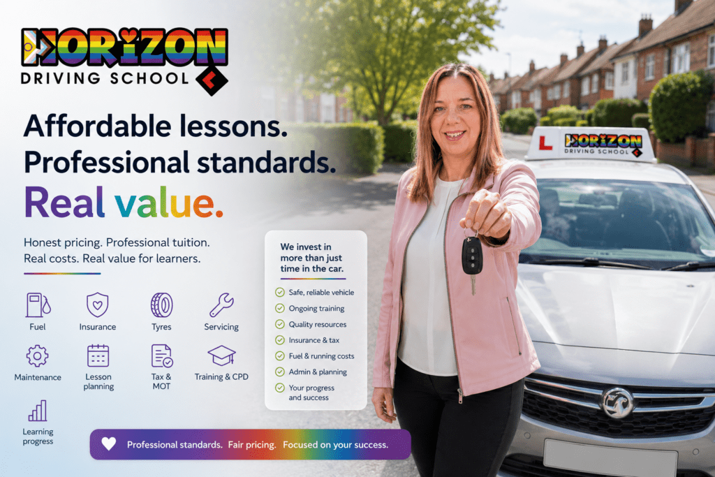 Amanda from Horizon Driving School standing beside a silver learner car, promoting affordable driving lessons, professional standards and real value for learners.