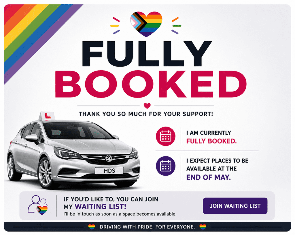 Horizon Driving School fully booked announcement with silver learner car and waiting list information for new driving lesson enquiries.