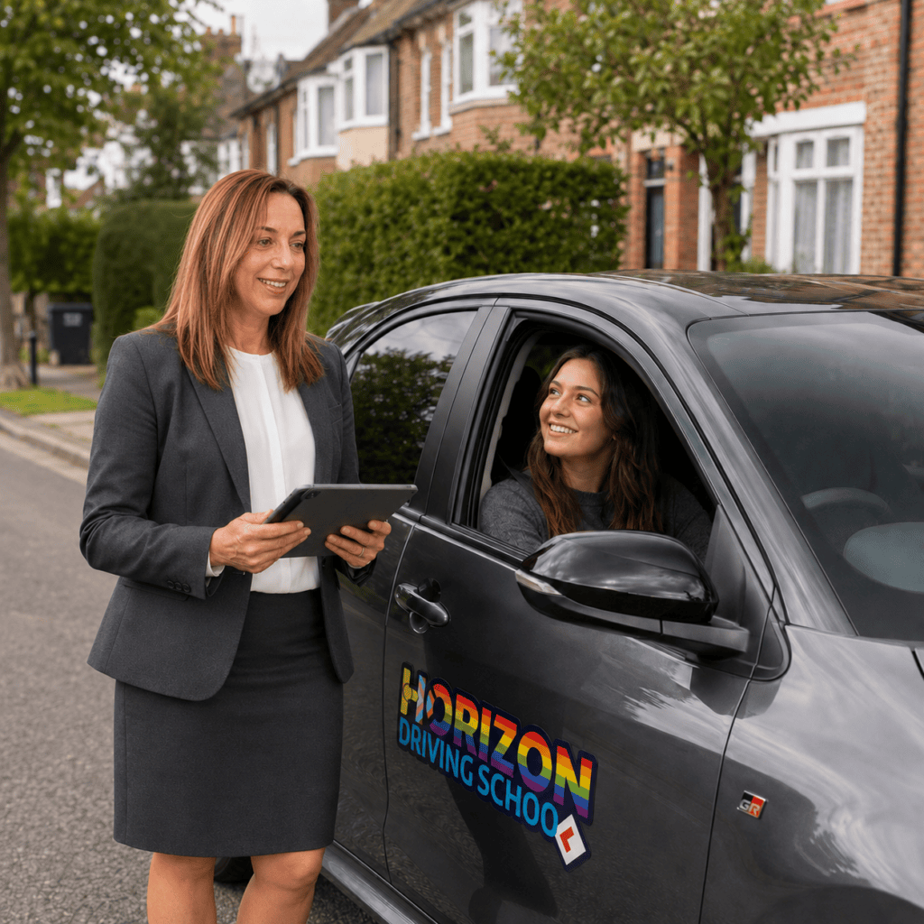 Horizon Driving School instructor Amanda with a learner beside the automatic tuition car