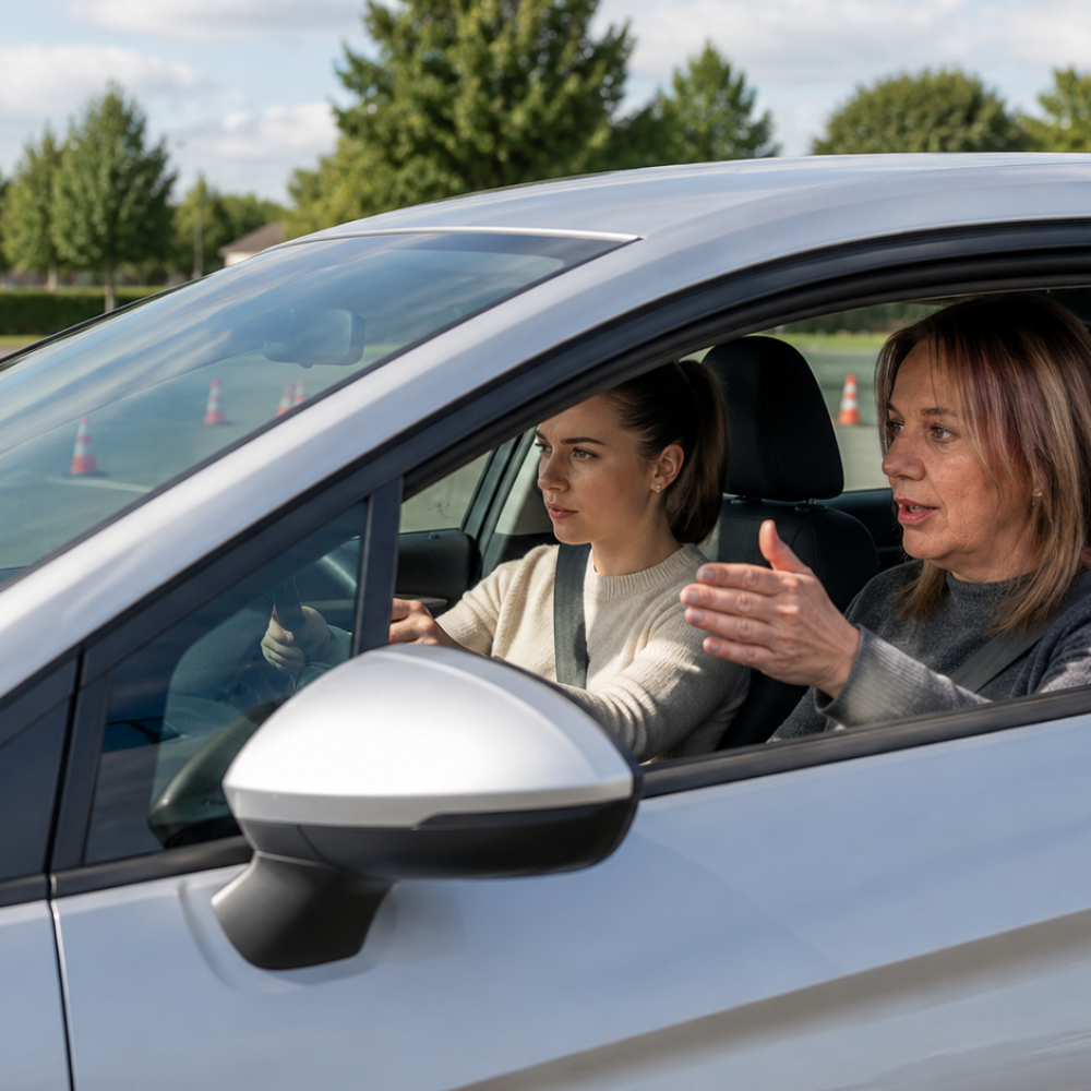 Female driving instructor giving calm guidance to a learner driver inside a right-hand drive UK car during a driving lesson at a safe practice area.