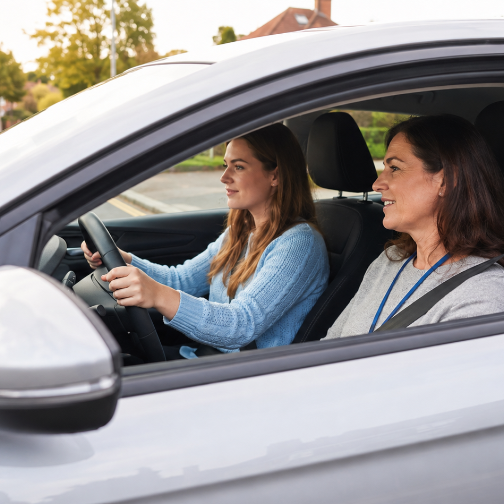 Female driving instructor giving calm guidance to a learner driver inside a right-hand drive car on a quiet UK residential road.
