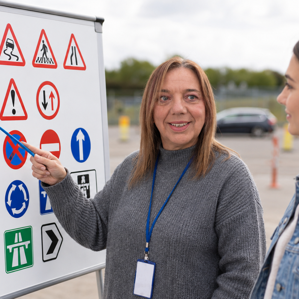 Female driving instructor explaining UK road signs to a learner driver beside a teaching board during a driving lesson.